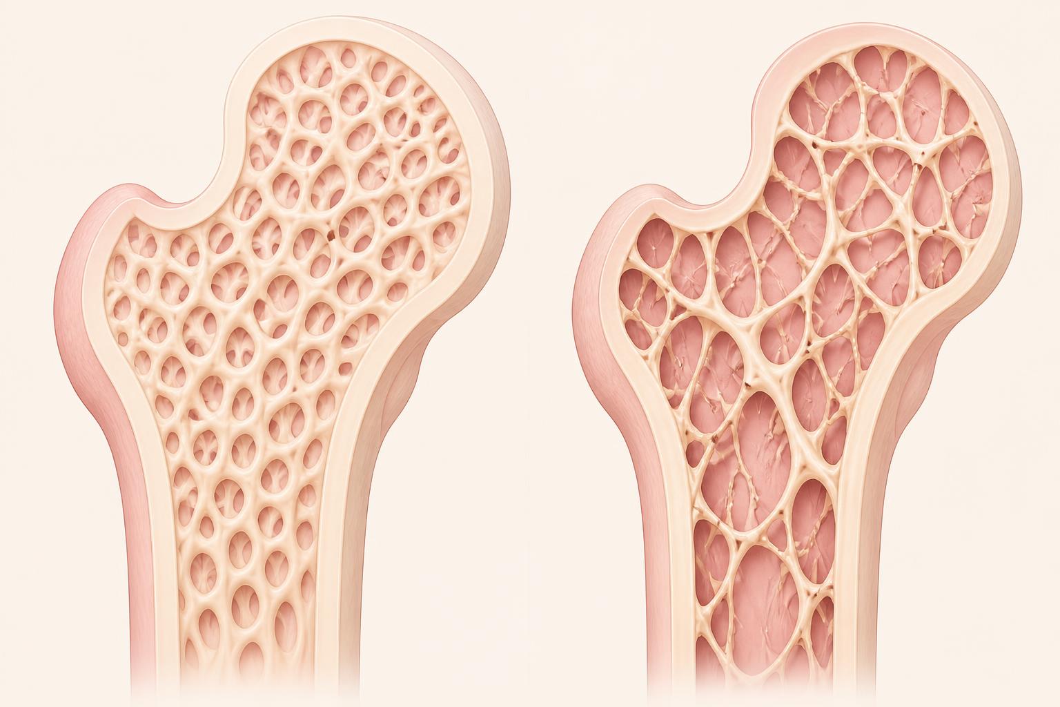 Cross-section comparison of healthy dense bone versus thin, porous osteoporotic bone